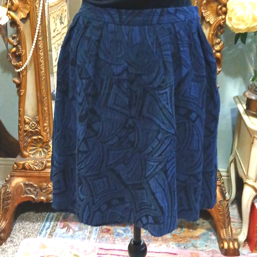 💙 Peter Som Navy Tapestry Puff Flare Skirt Cotton Silk Art Style – Size 8